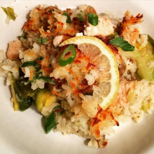 Salmon rice mushroom brussels sprouts skillet